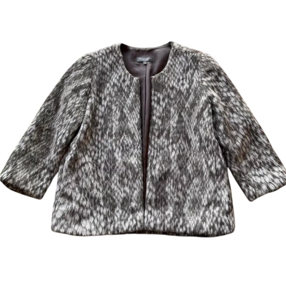 Waverly Grey Cropped Faux Fur Wool Blend Open Front Jacket Gray Brown Size 4